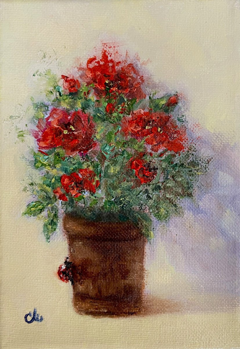 Impressionistic Botanical Oil Painting By Cristina Mihailescu, 5 X 7, Rose-Kissed Luck, Original Artwork