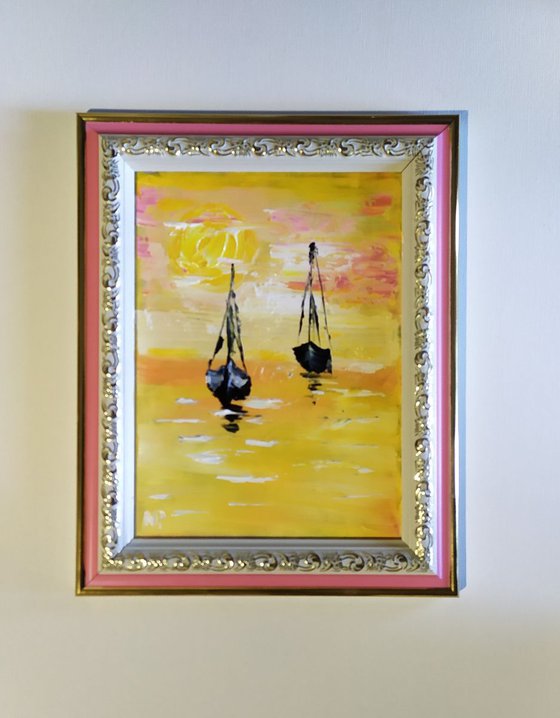 Morning race, original small boat painting, framed, gift idea, home decor