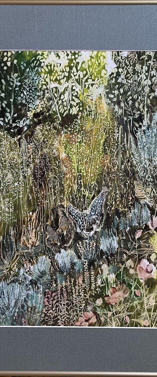 Two chickens in the garden by Maija Nochevnaya