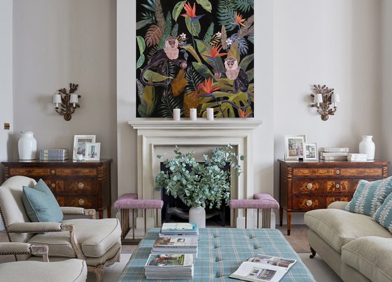 Jungle N°2  - Fern - Tropical - Monkeys - Art-Deco - Organic Floral, XL LARGE PAINTING