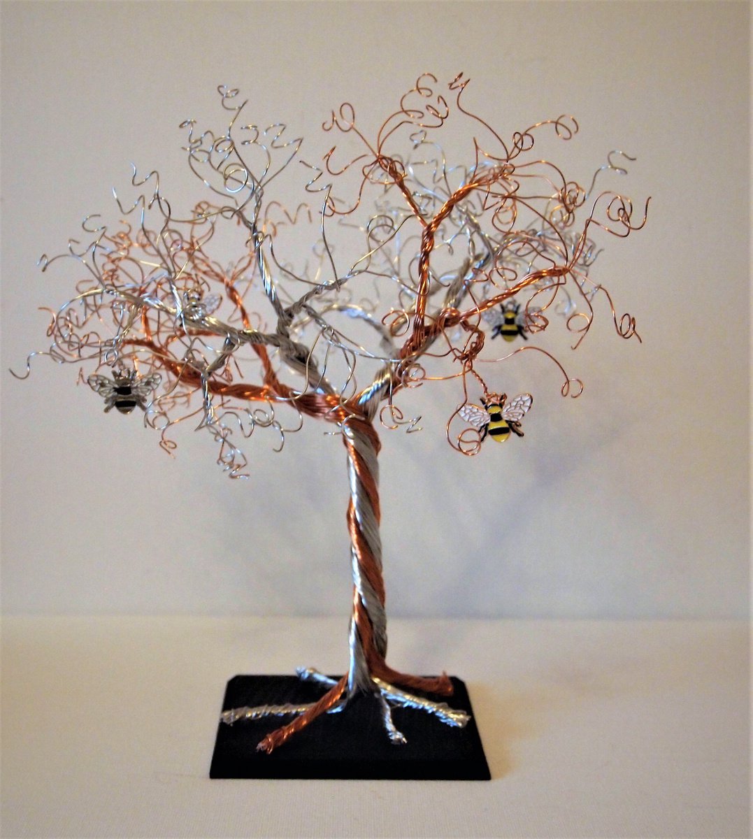 Silver & Copper wire tree sculpture with Enamelled Bumblebees by Steph Morgan