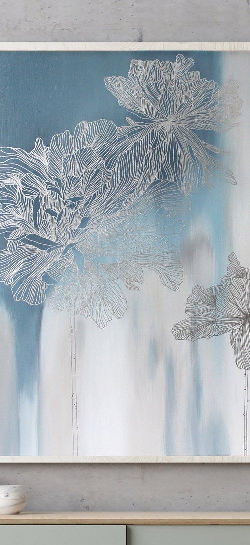 "Silver Thinness 2" Floral blue silver art by Marine Boiko