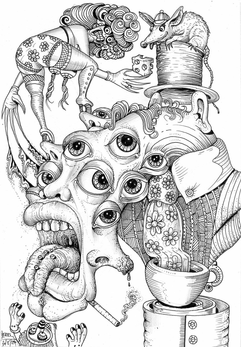 Surrealistic Portrait Drawing By Spencer John Derry, 8 X 12", Pills For The Ills, Original Artwork