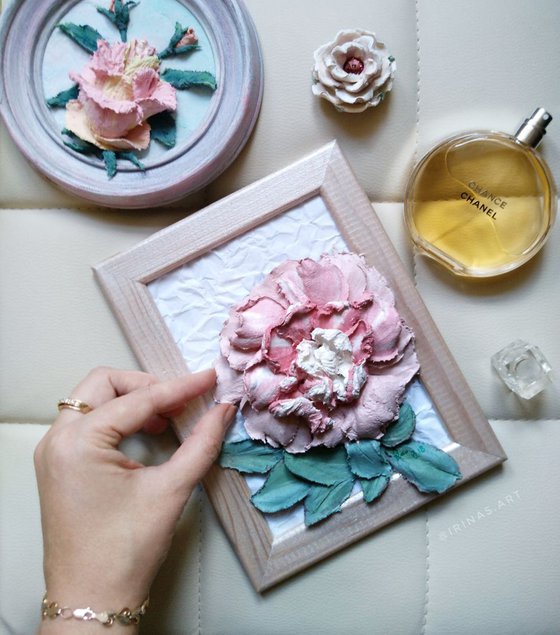 Peony on a glass frame - 3d still life, 17x22x5 cm depts