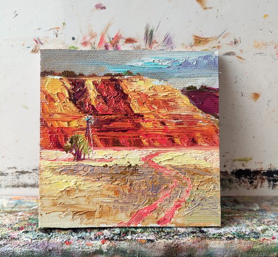 Texas art landscape acrylic painting original 4x4, Mountain art road orange barn, Mini painting impasto best friend gift