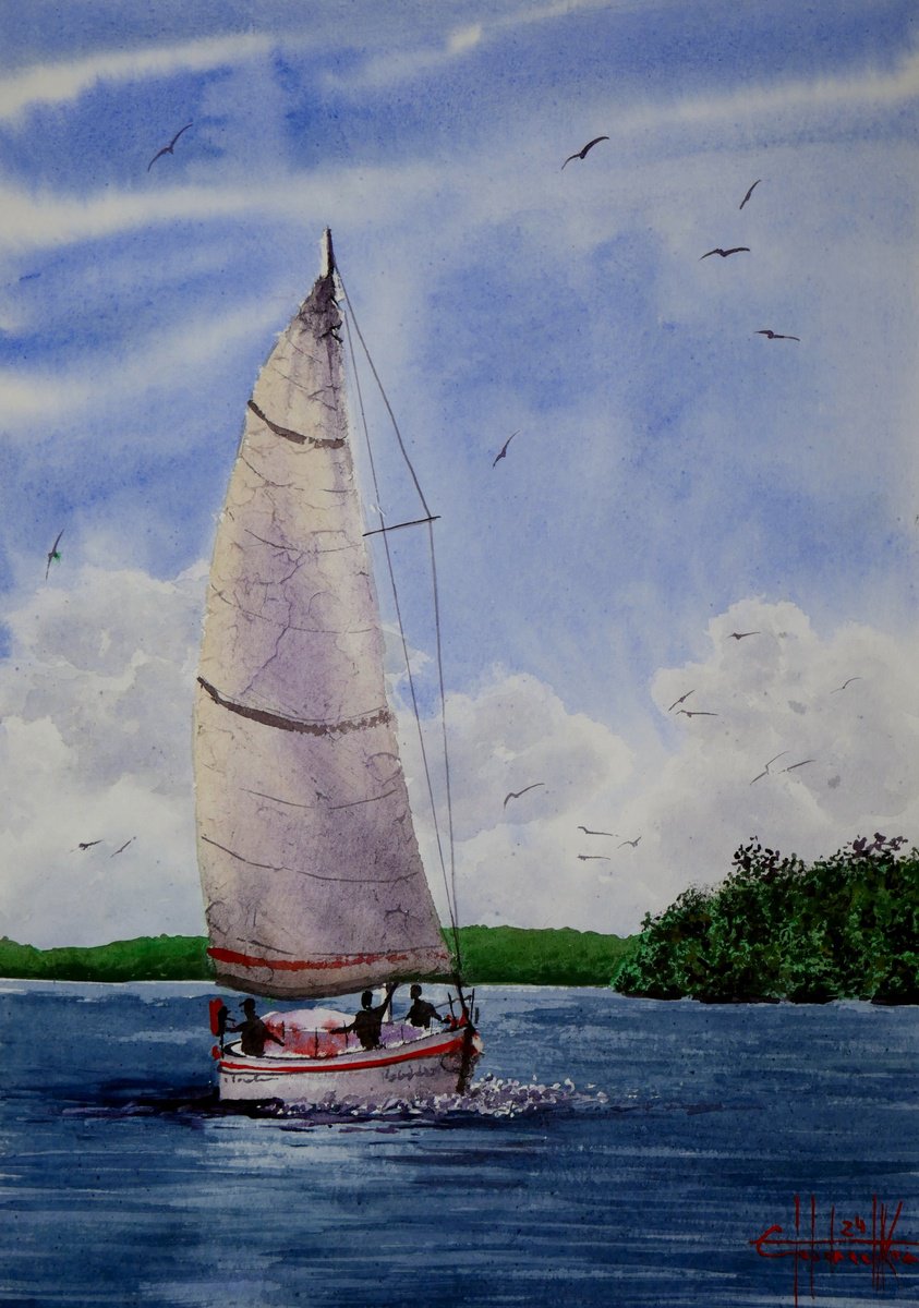 Photorealistic Landscape Watercolour By Eugene Gorbachenko, 12 X 17, Under Sail On A Sunny Day, Original Artwork