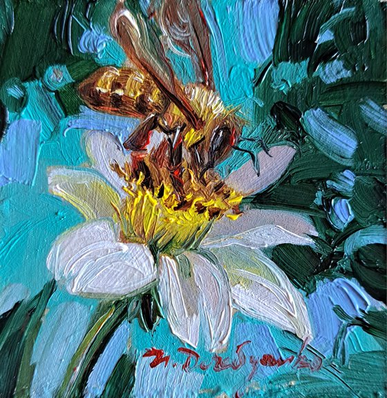 Bee oil painting original 3x3 - Bee happy! Bee art gifts, bee home decor wall art white flower