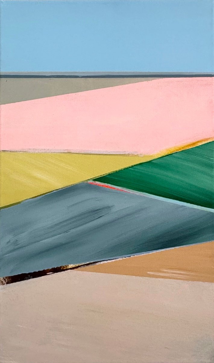 Geometric Landscape Acrylic Painting By Katrin Roth, 12 X 20", Crossing Field 2, Original Artwork