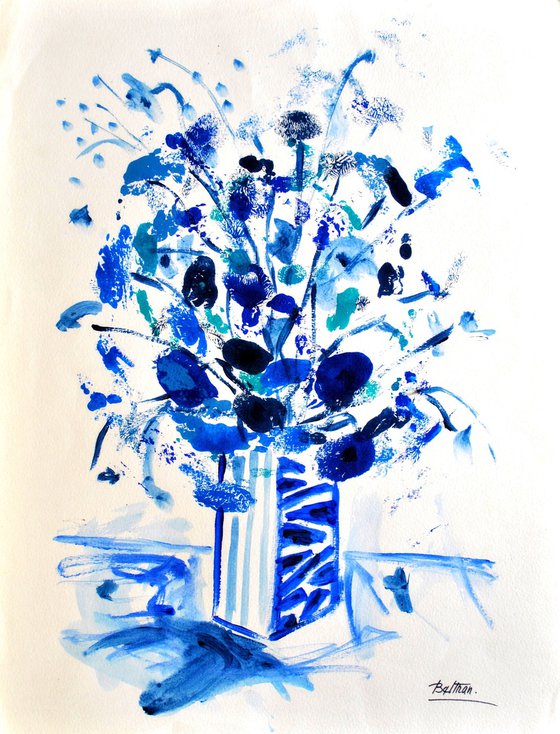 Vase bleu et fleurs bleues / 19,68x25,59 in.(50x65cm) / 2018