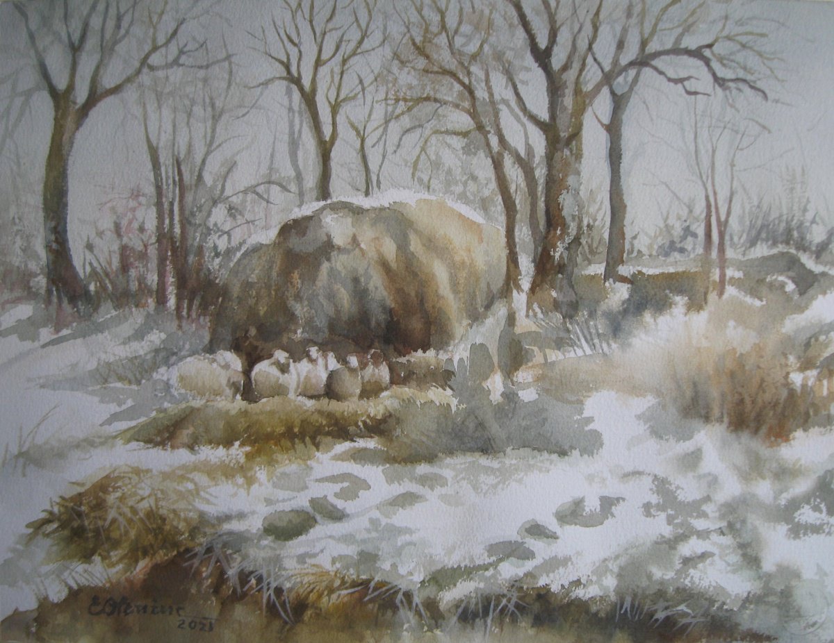 Impressionistic Landscape Watercolour By Elena Oleniuc, 17 X 13, Winter, Original Artwork