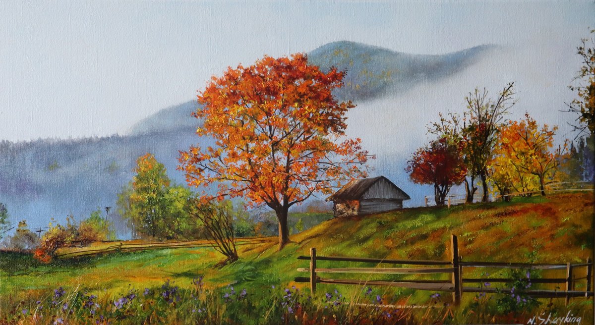 Impressionistic Landscape Oil Painting By Natalia Shaykina, 18 X 10", Autumn Mountains, Original Artwork
