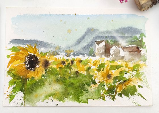 Sunflower field in Drome France original painting, landscape watercolor painting with sunflowers, small art sunflowers, impressionist art