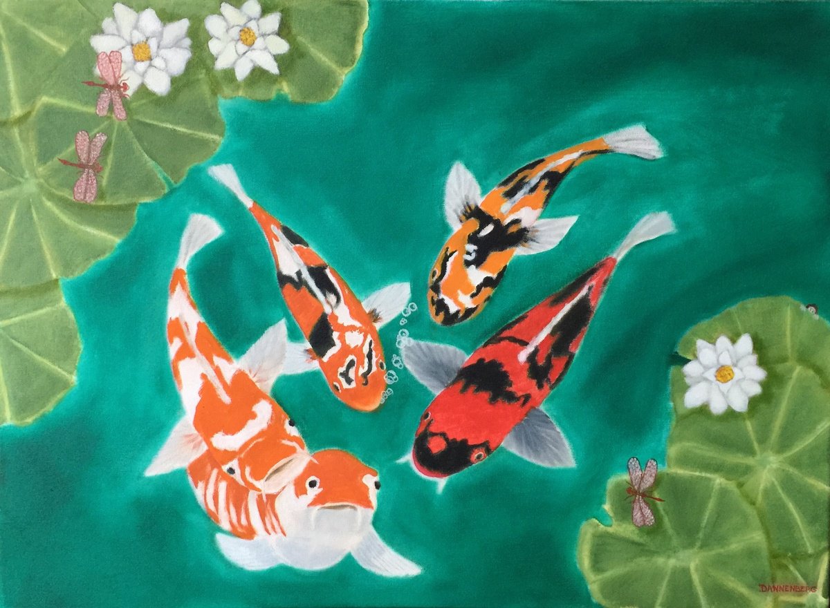Photorealistic Animal Oil Painting By Leslie Dannenberg, 30 X 22", Koi Awaiting Food, Original Artwork