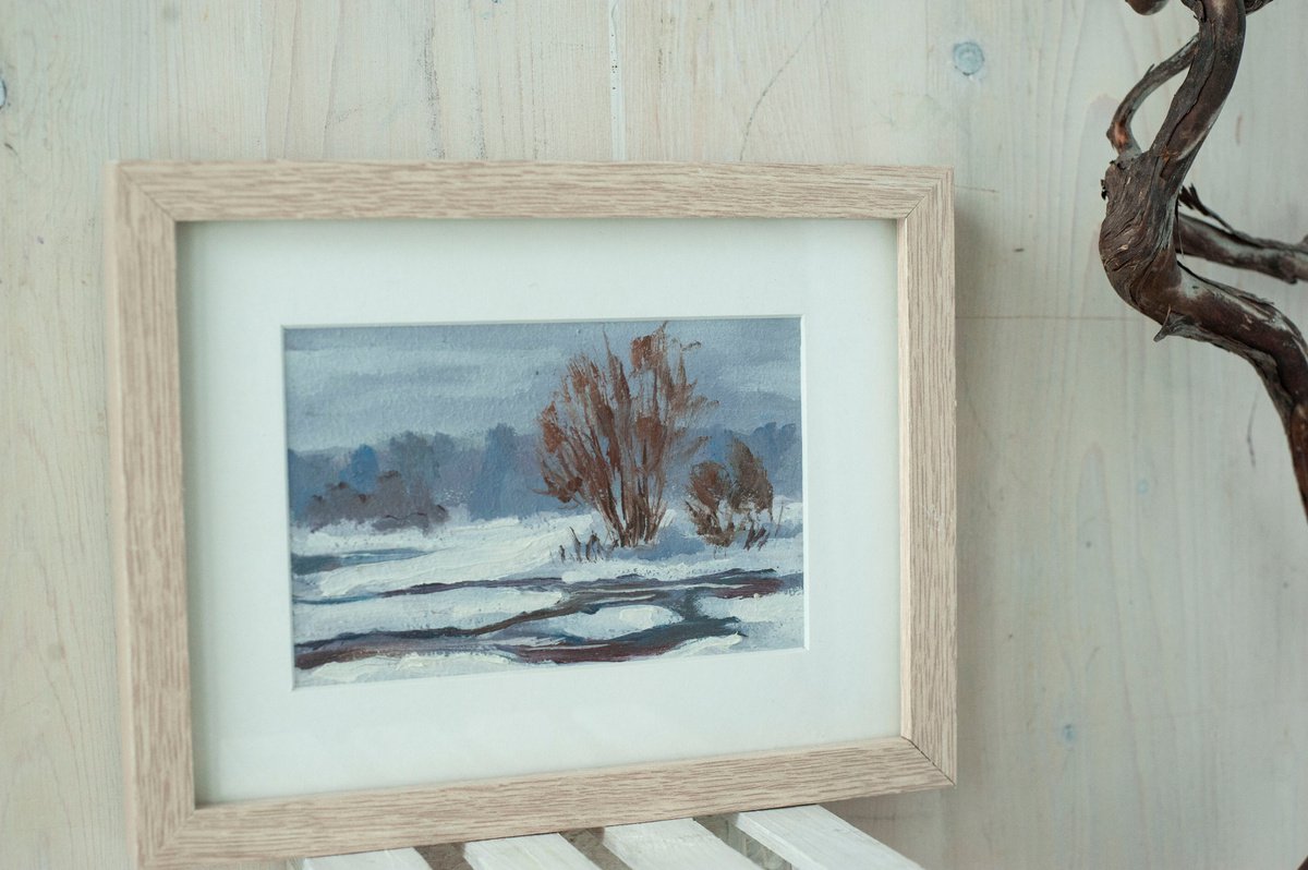Snowy winter, small oil painting, art gift by Maria Chernobrovkina