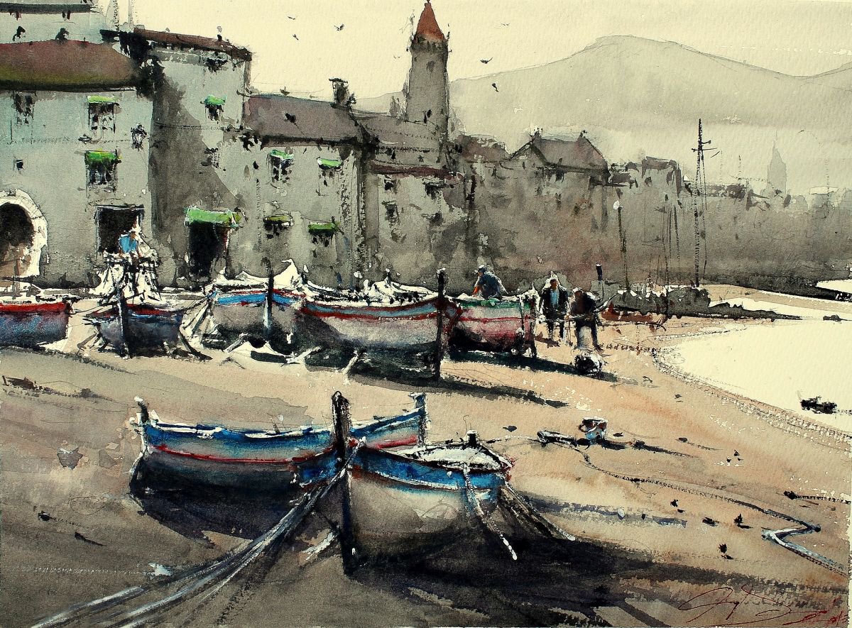 Impressionistic Landscape Watercolour By Maximo Damico, 15 X 11", Wake Up Sailors!, Original Artwork