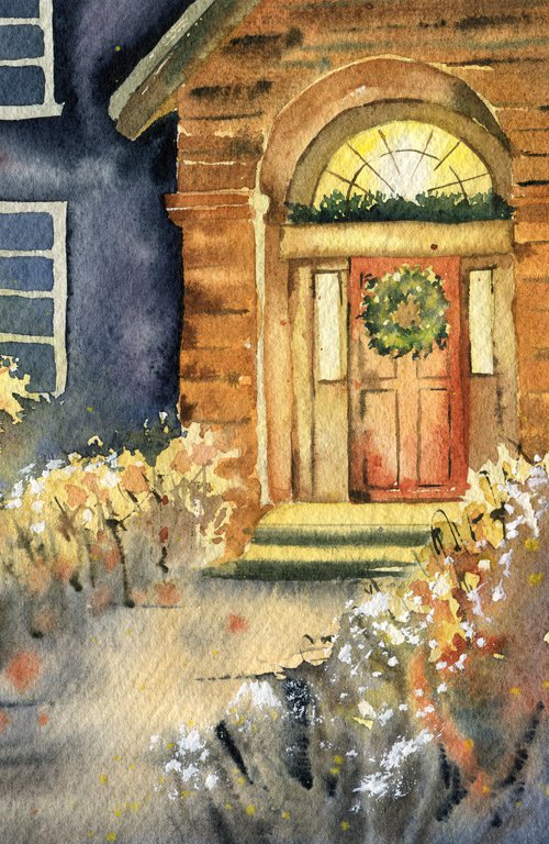 Brick house with a Christmas wreath. Christmas illustration. Original watercolor artwork. by Evgeniya Mokeeva