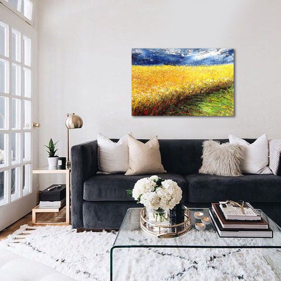Wheat field landscape painting Large landscape art Large yellow blue modern art Large modern painting