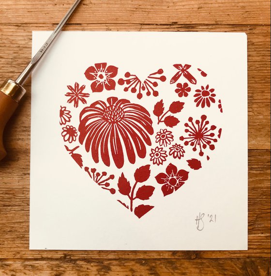 Floral heart mini print - red linocut flowers