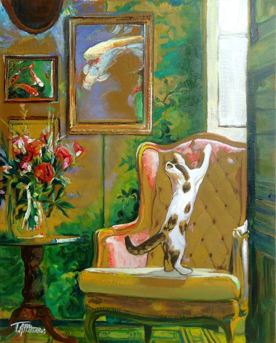 Kitten in a study with flowers and fish