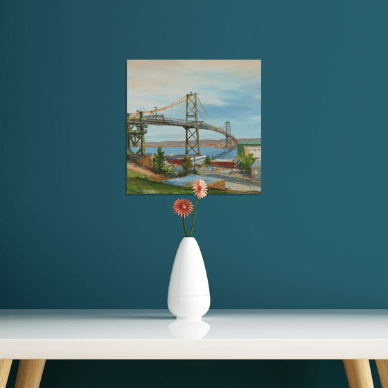 Bridges series #2, original, one of a kind acrylic on gallery-wrapped canvas impressionistic style urban landscape