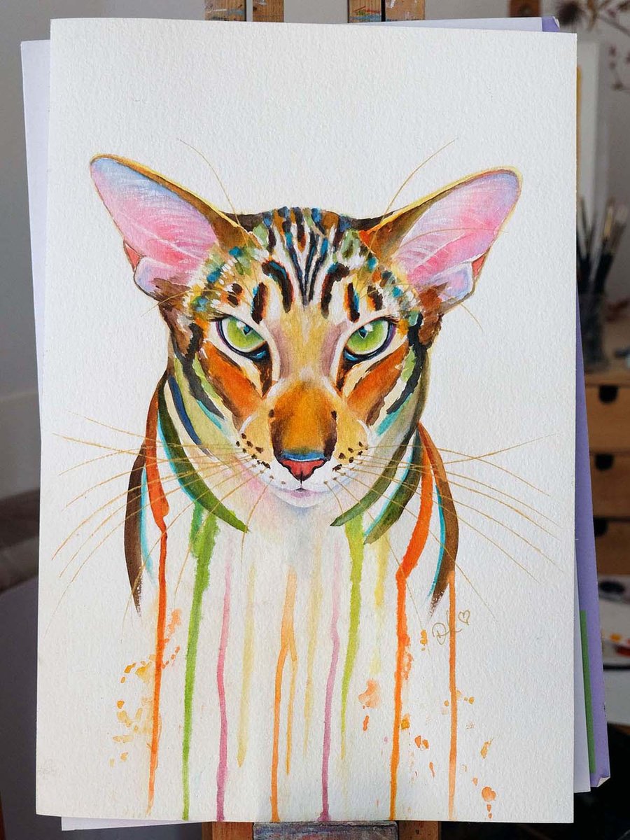 Expressive Animal Watercolour By Denise Laurent, 12 X 16, Green Eyes - Oriental Cat, Original Artwork