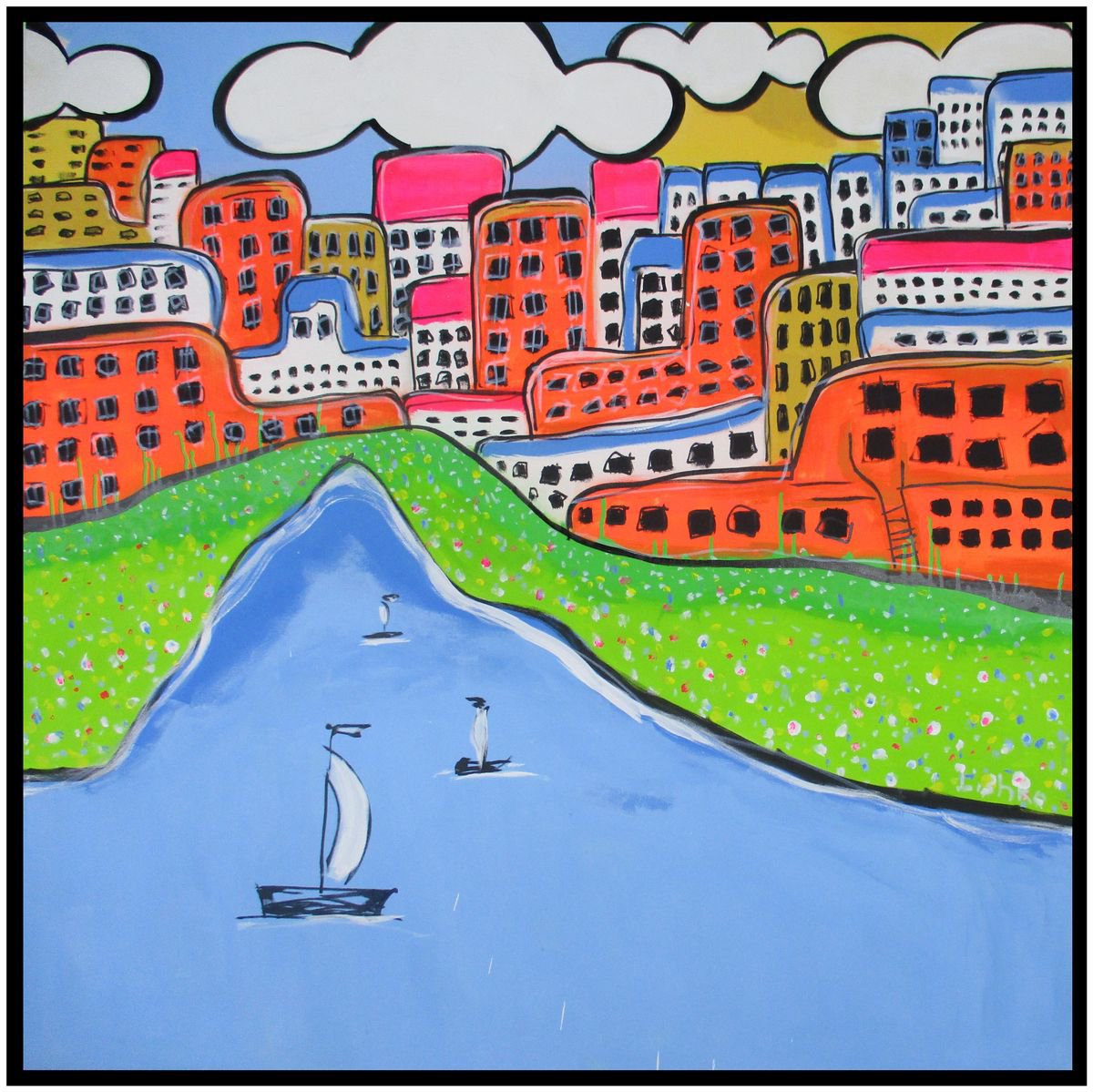 Expressive Portrait Acrylic Painting By V. Lishko, 47 X 47", Dream Town, Original Artwork