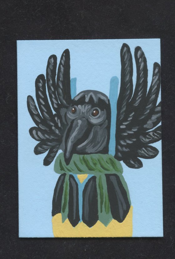 ACEO ATC Original Miniature Painting Crow Mother Kachina Doll Art-Carla Smale