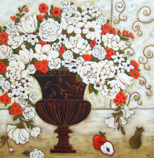 Red and White Blooms with Apples and Pear by Karen Rieger