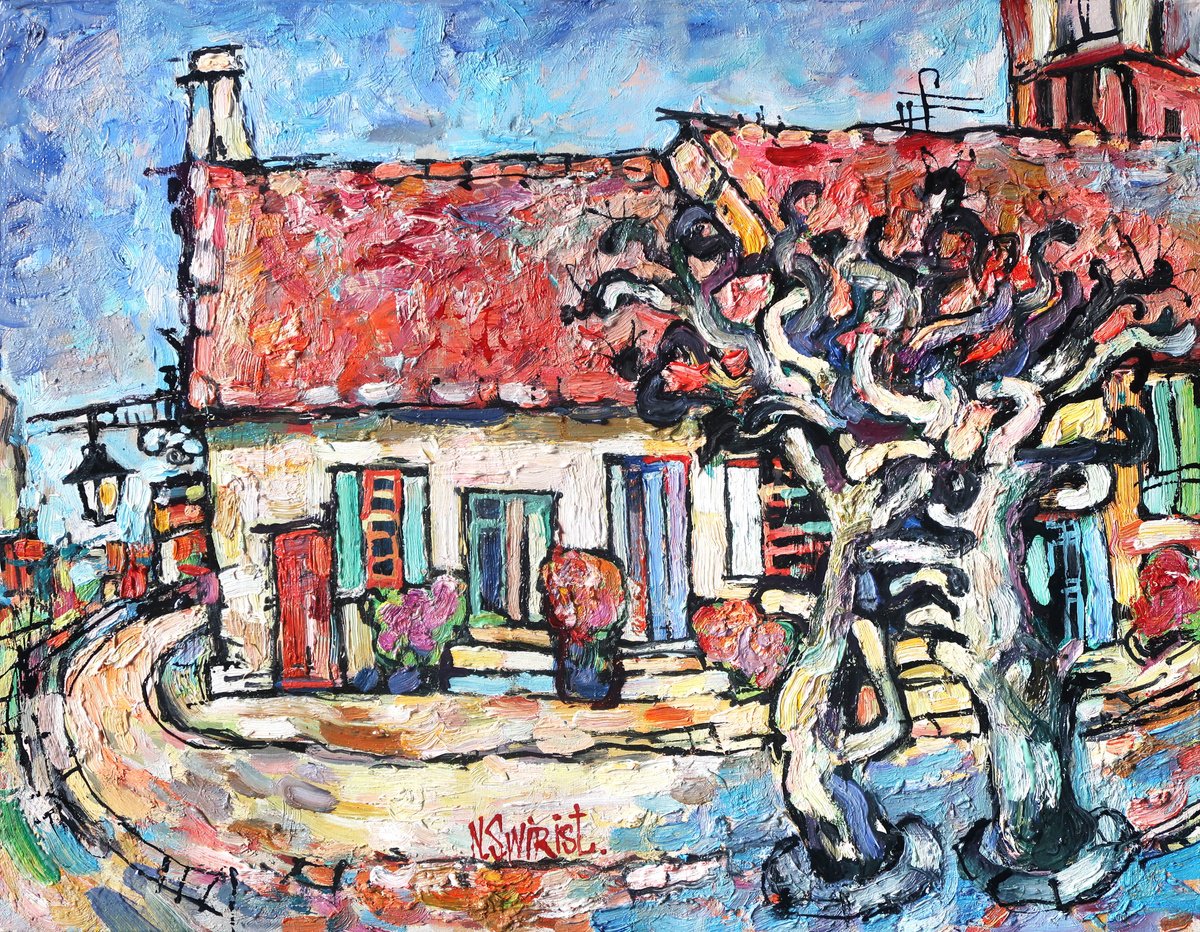 Impressionistic Cityscapes Oil Painting By Nikifor Swiristuhin, 18 X 14", Plane Trees Of Provence., Original Artwork
