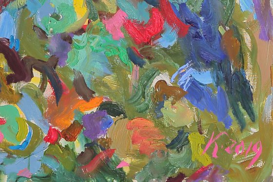 FLOWERING BUSH - floral art, abstract vivid original oil panting large size, interior art, home office decor