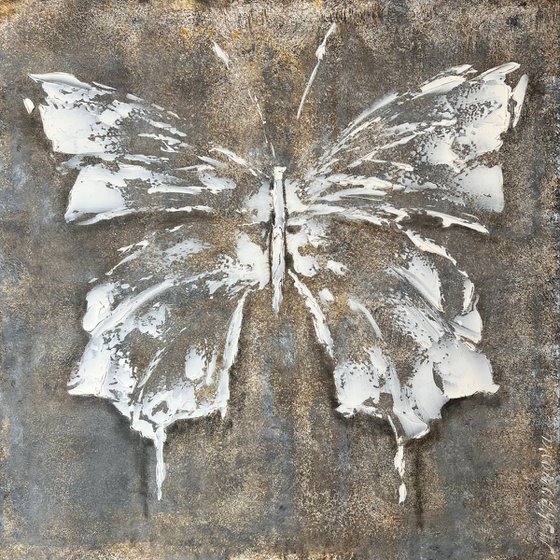 Gray mother-of-pearl butterfly. White Abstract butterfly painting.