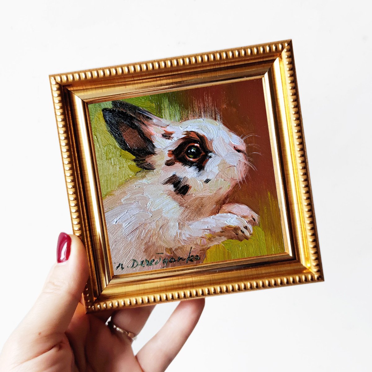Bunny oil painting original framed 4x4, Small framed art white rabbit artwork yellow backg... by Nataly Derevyanko