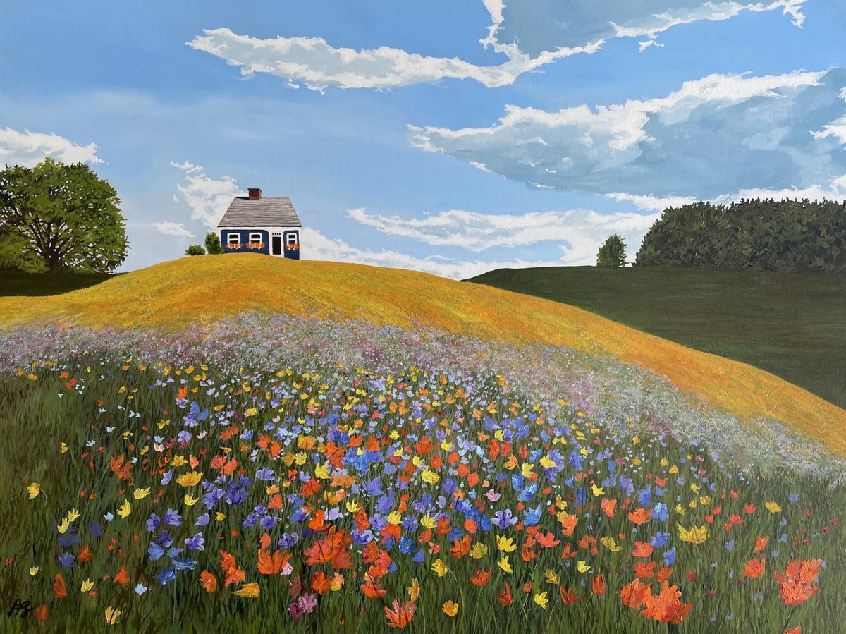 Landscape Acrylic Painting By Anne Shaughnessy, 40 X 30, Cottage On The Hill, Original Artwork