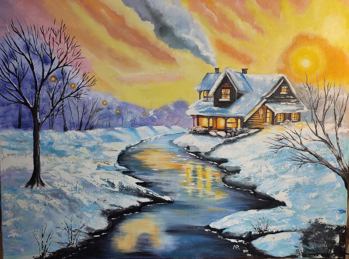 Impressionistic Landscape Oil Painting By Nataliia Plakhotnyk, 31 X 24", Winter Tale, Original Artwork