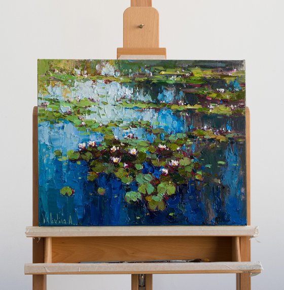 White Water Lilies - Pond flowers  Impasto Original Oil painting