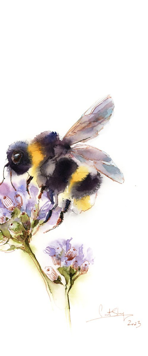 Bumblebee on Flowers Watercolor Painting by Sophie Rodionov