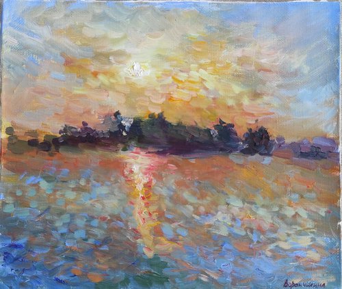 Landscape with sunset on lake by Natasha Voronchikhina