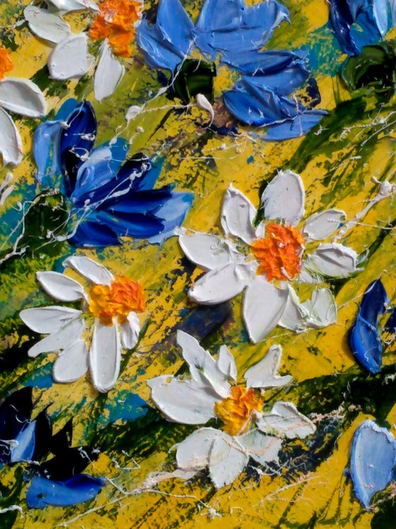 Chamomile Painting Original Oil Artwork Cornflowers Meadow Abstract Flowers Impasto Small Wall Art