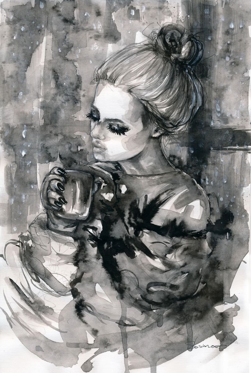 Expressive Portrait Ink Drawing By Doriana Popa, 10 X 15, Rainy Days Ii, Original Artwork