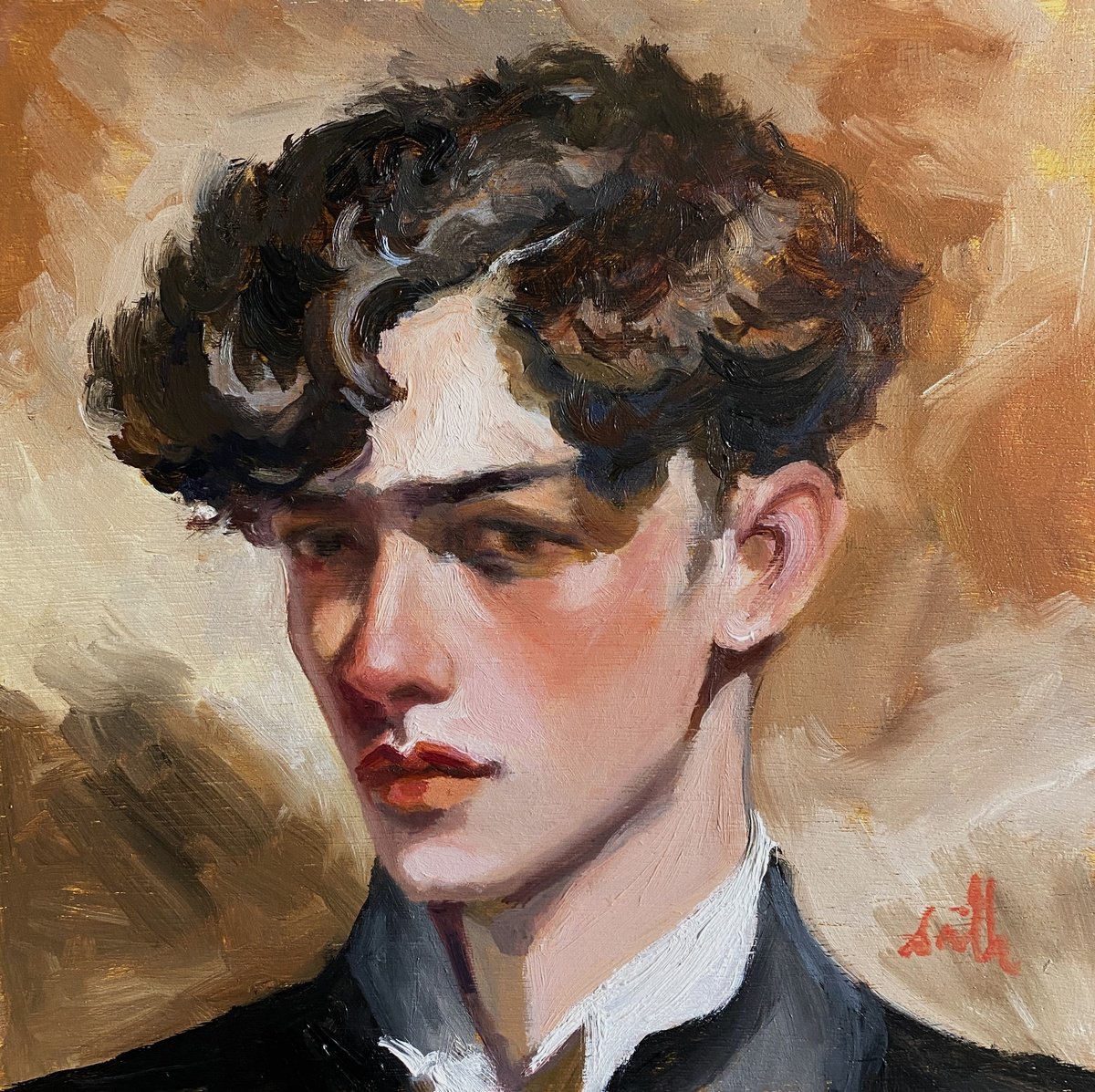 Impressionistic Portrait Oil Painting By Jackie Smith, 11 X 11, Young Edwardian Man, Original Artwork