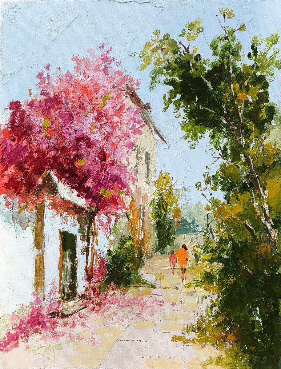 Impressionistic Landscape Oil Painting By Hrach Baghdasaryan, 9 X 12, Bougainvillea Pathway, Original Artwork
