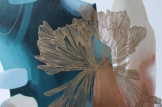 "Thincord 2" Abstract flower teal gold art