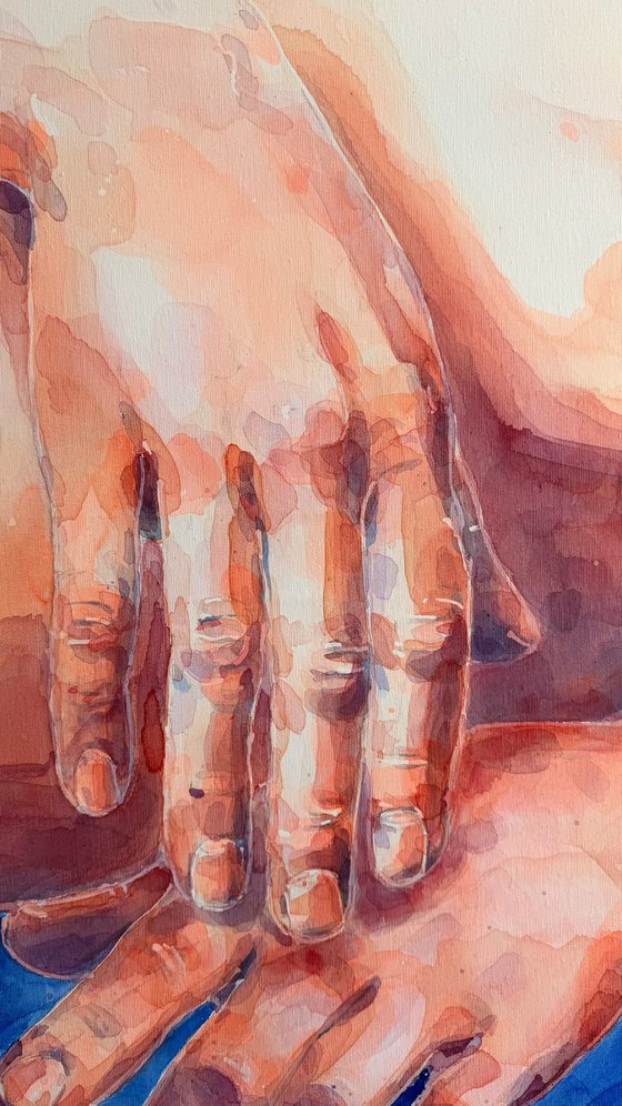 Two hands with blue background