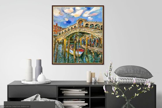 VENICE, RIALTO BRIDGE - Venice cityscape, landscape  - original painting, oil on canvas, architecture, bridge, water, love, vacations , interior home decor