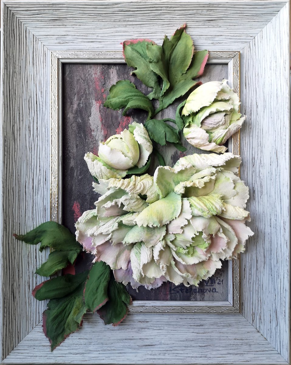 Photorealistic Botanical Sculpture By Irina Stepanova, 9 X 12, White Peonies In A Frame, Original Artwork