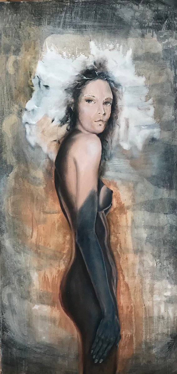 Expressive Portrait Oil Painting By Conny Roels, 24 X 47, Knowledge, Original Artwork