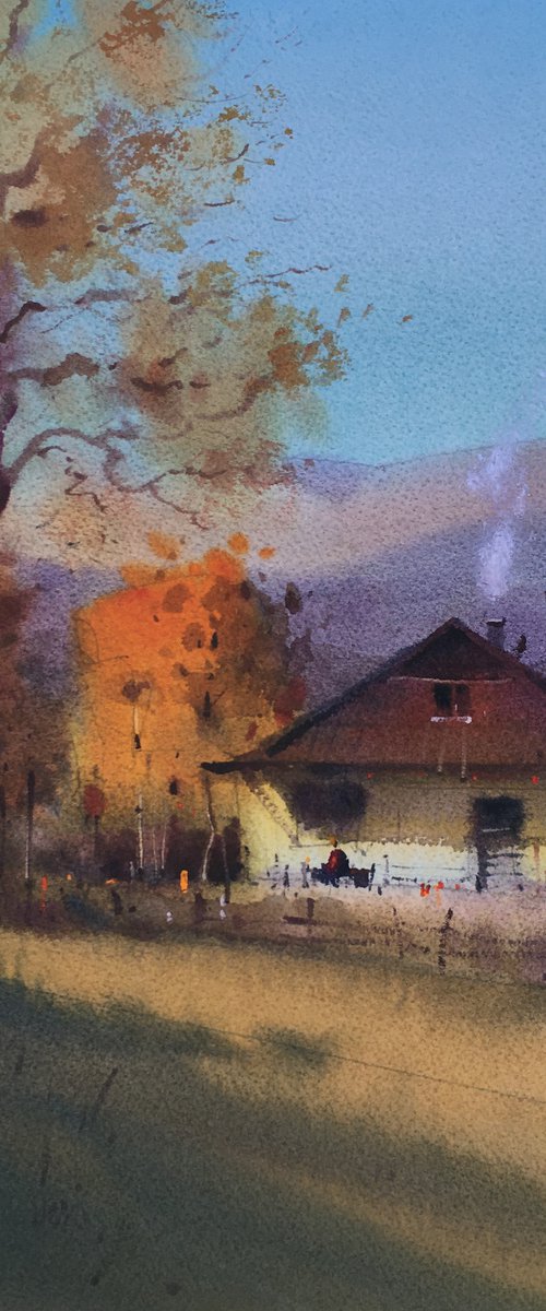 Autumn in mountains original watercolor painting. One of a kind art. by Andrii Kovalyk
