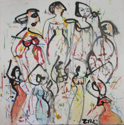 girls on stage expressive music - acrylicpainting 80x80cm 31,5  x 31,5 inch by Sonja Zeltner-Müller