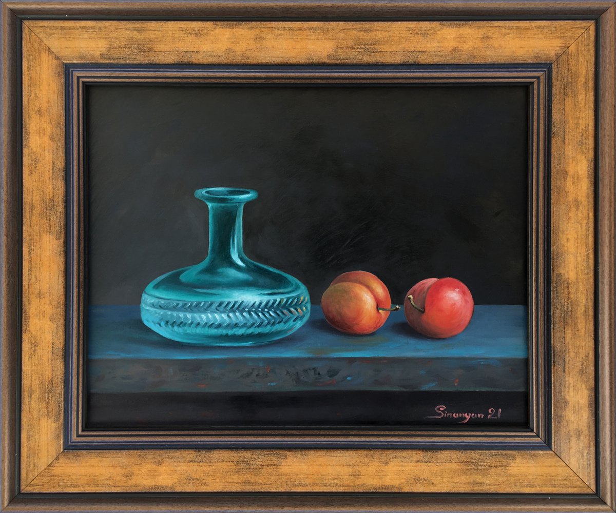 Photorealistic Still Life Oil Painting By Gevorg Sinanian, 13 X 10, Glass Vase With Plums, Original Artwork