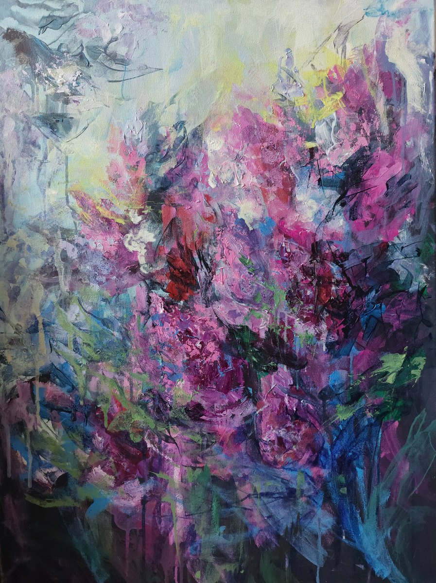 Abstract Acrylic Painting By Katia Solodka, 24 X 31", Morning Garden, Original Artwork
